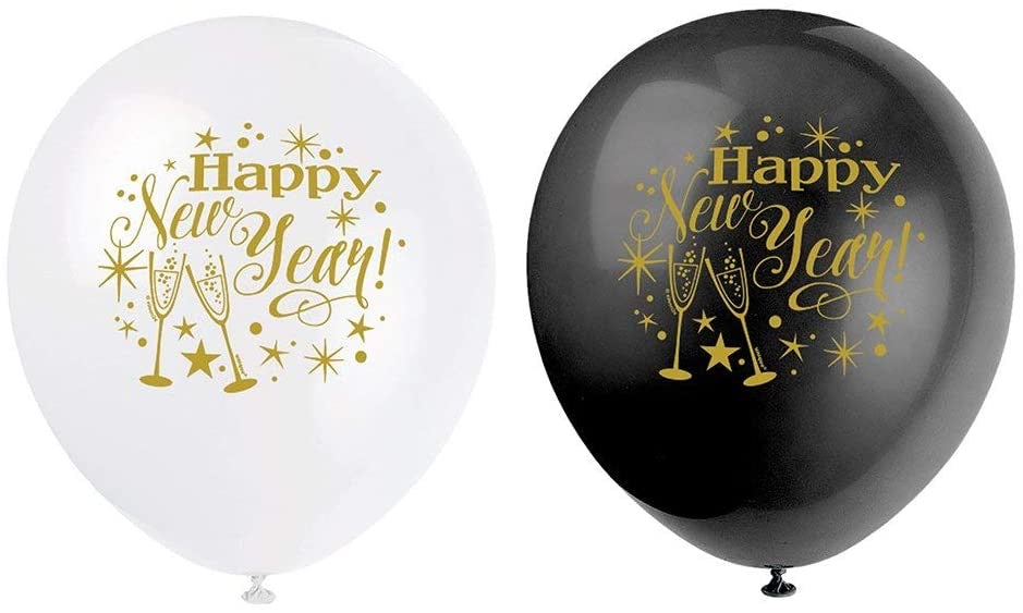 Happy New Year Latex Balloons - Black & White - The Ultimate Balloon & Party Shop