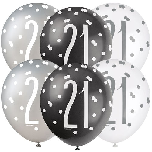 Age 21 Asst Birthday Balloons (6pk) - Black, White & Silver