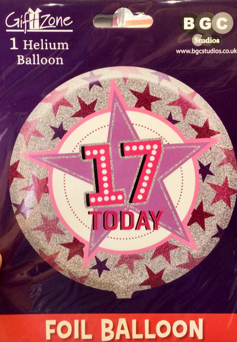 18" Foil Age 17 Balloon - Pink Stars