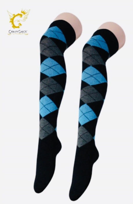 Diamond Over The Knee Socks - Grey/Blue