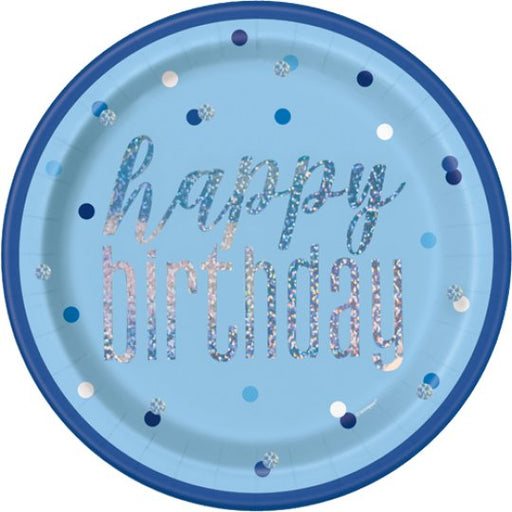 Round Happy Birthday Plates - Blue Dots