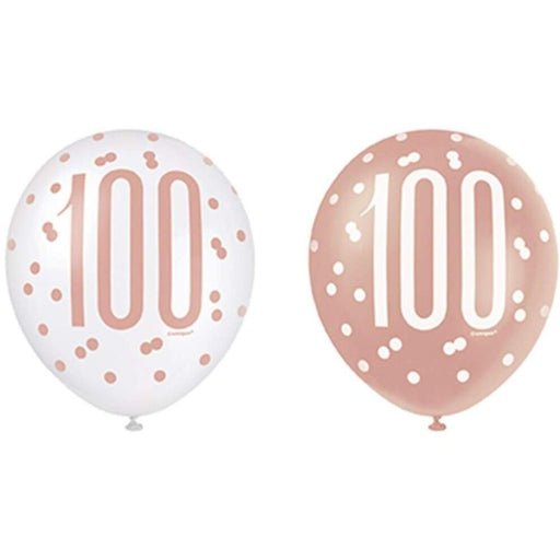 Age 100 Birthday Asst Balloons (6pk) - Rose Gold & White