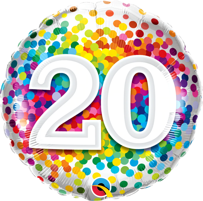 18" Foil Age 20 Balloon - Rainbow Dots