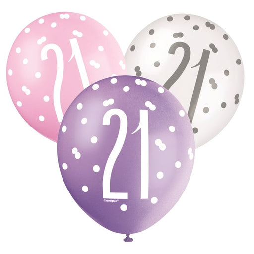 Age 21 Asst Birthday Balloons (6pk) - Pink,Lilac,White