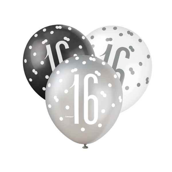 Age 16 Birthday Asst Balloons (6pk) - Black, White & Silver