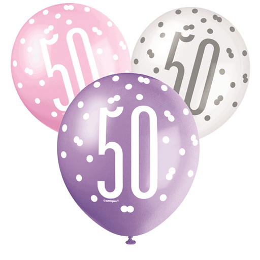 Age 50 Asst Birthday Balloons (6pk) - Pink,Lilac,White