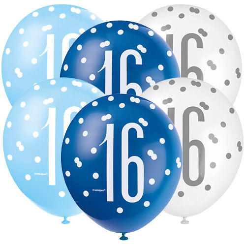 Age 16 Blue Theme Birthday Balloons 6 Pack - The Ultimate Balloon & Party Shop