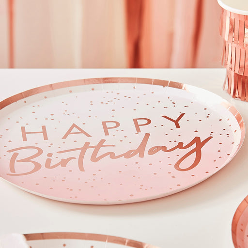 Happy Birthday Paper Plates - Rose Gold/Pink Ombre