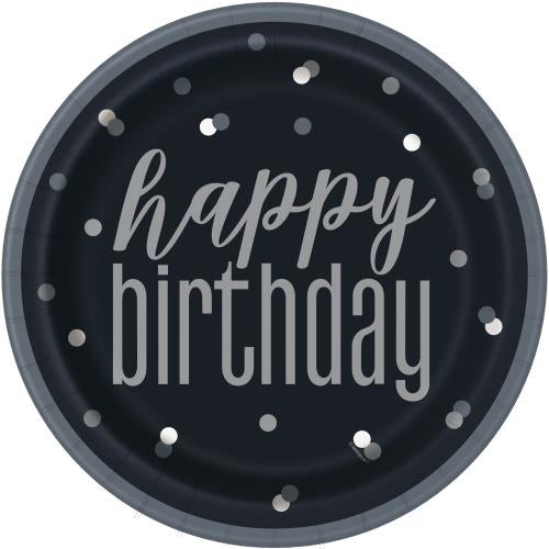 Round Happy Birthday Plates - Black Dots