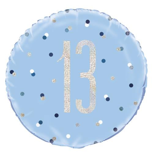 18" Foil Age 13 Balloon - Baby Blue Dots