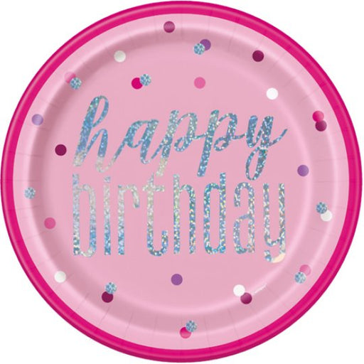 Round Happy Birthday Plates - Pink Dots