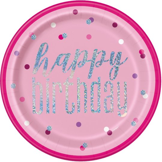 Round Happy Birthday Plates - Pink Dots