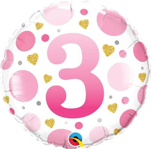 18" Foil Age 3 Balloon - Pink Hearts/Dots
