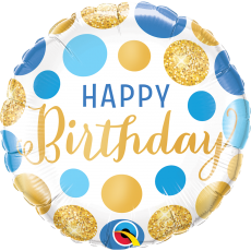 18" Foil Happy Birthday - Blue & Gold Dots