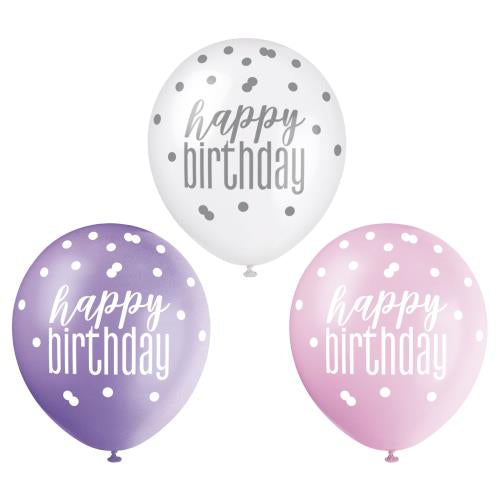 Happy Birthday Asst Balloons (6pk) - Pink