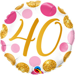 18" Foil Age 40 Balloon - Pink/Gold Dots - The Ultimate Balloon & Party Shop