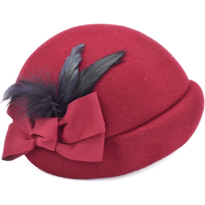 Womens Vintage Cloche Half Feather Hat - Burgundy