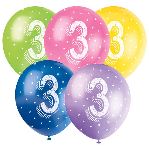 Age 3 Asst Birthday Balloons 5 Pack - The Ultimate Balloon & Party Shop