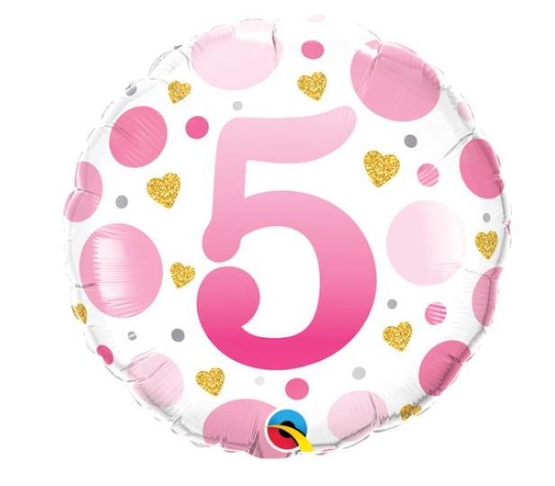 18" Foil Age 5 Pink Dots Balloon.