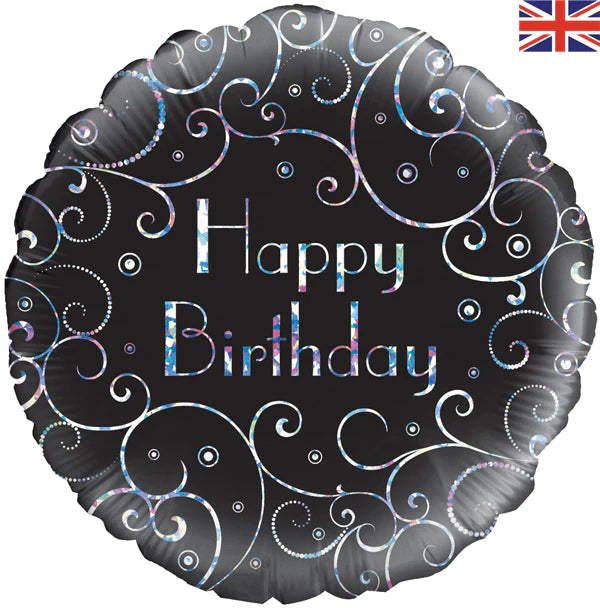 18" Foil Happy Birthday - Black Swirls