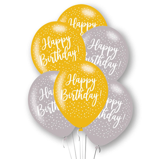 Happy Birthday Balloons (6pk) - Gold/Silver