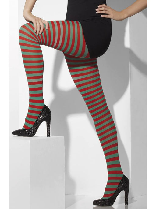 Striped Opaque Tights - Red & Green