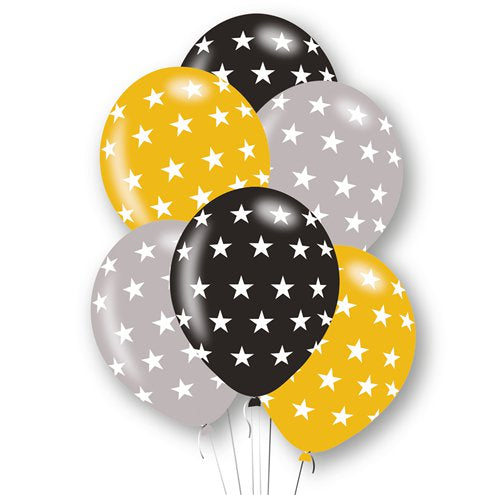 Star Printed Balloons (6pk) - Gld/Silv/Blk