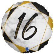 18" Foil Age 16 Balloon - Black/Gold Marble