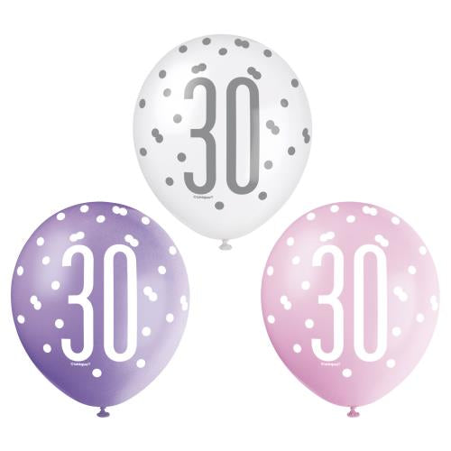 Age 30 Asst Birthday Balloons (6pk) - Pink