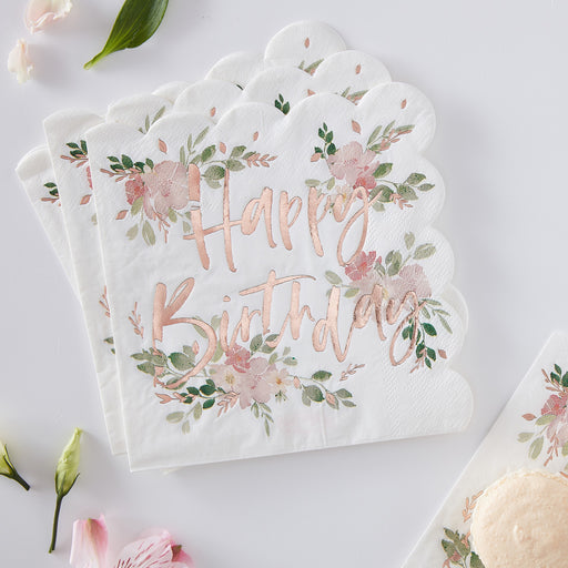 Birthday Napkins - Floral With Metallic Lettering