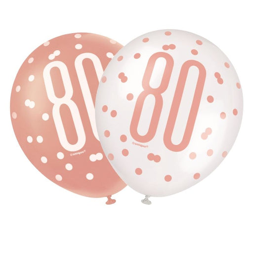 Age 80 Birthday Asst Balloons (6pk) - Rose Gold/White