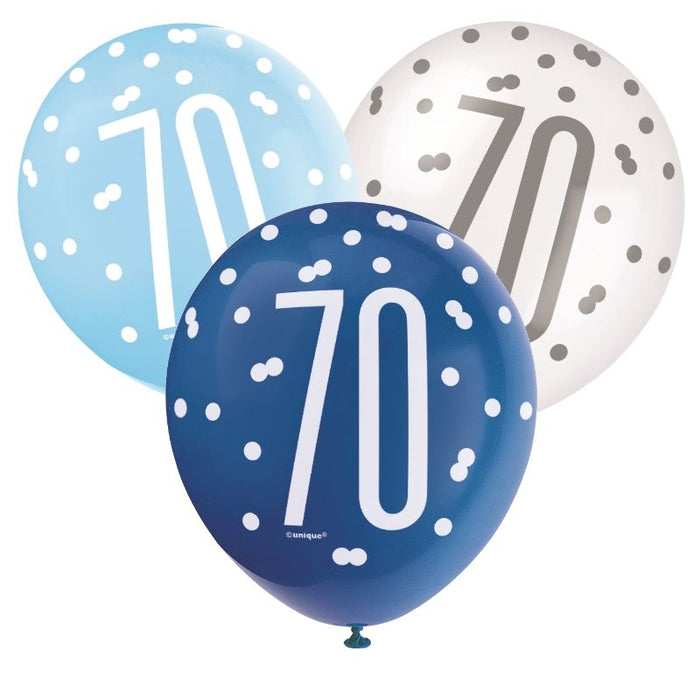 Age 70 Asst Birthday Balloons 6 Pack - Blue/White