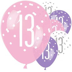 Age 13 Asst Birthday Balloons 6 Pack