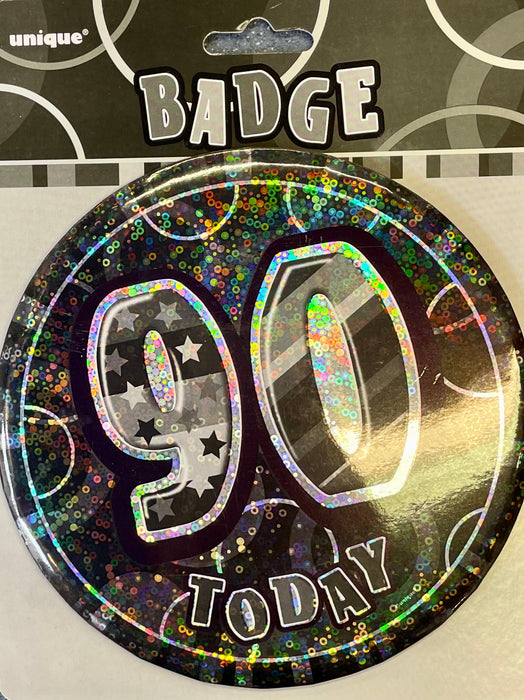 90th Birthday Jumbo Badge - Black Glitz