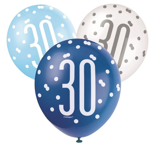 Age 30 Asst Birthday Balloons (6pk) - Blue/White