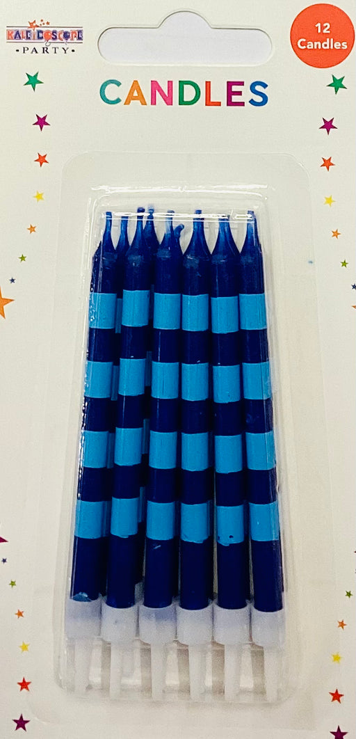 Striped Long Candles with plastic holders -  Blue