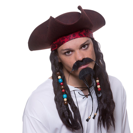 Dlx Brown Caribbean Pirate Hat with Hair