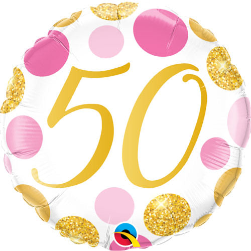 18" Foil Age 50 Balloon - Pink & Gold Dots - The Ultimate Balloon & Party Shop