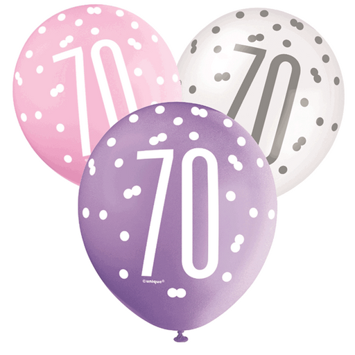 Age 70 Asst Birthday Balloons 6 Pack - Pink/White/Lilac