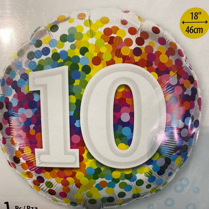18" Foil Age 10 Balloon - rainbow dots