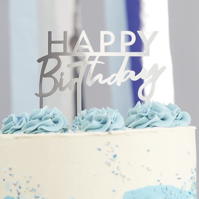 Happy Birthday Cake Topper - Silver