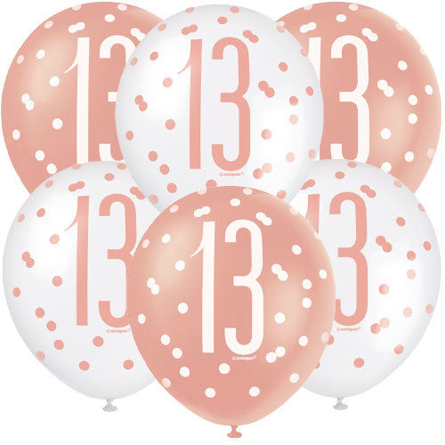 Age 13 Birthday Balloons (6pk) - Rose Gold