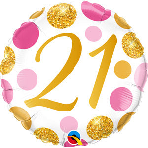 18" Foil Age 21 Balloon - Pink/Gold Dots - The Ultimate Balloon & Party Shop