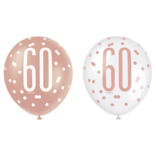 Age 60 Asst Birthday Balloons (6pk) - Rose Gold