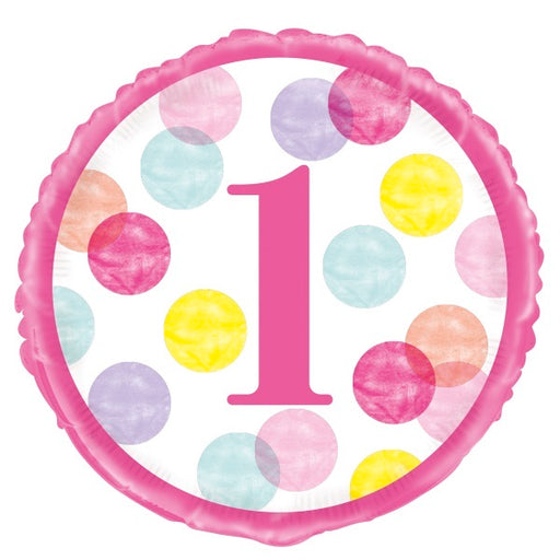 18" Foil 1st Birthday Balloon - Pink Dots - The Ultimate Balloon & Party Shop