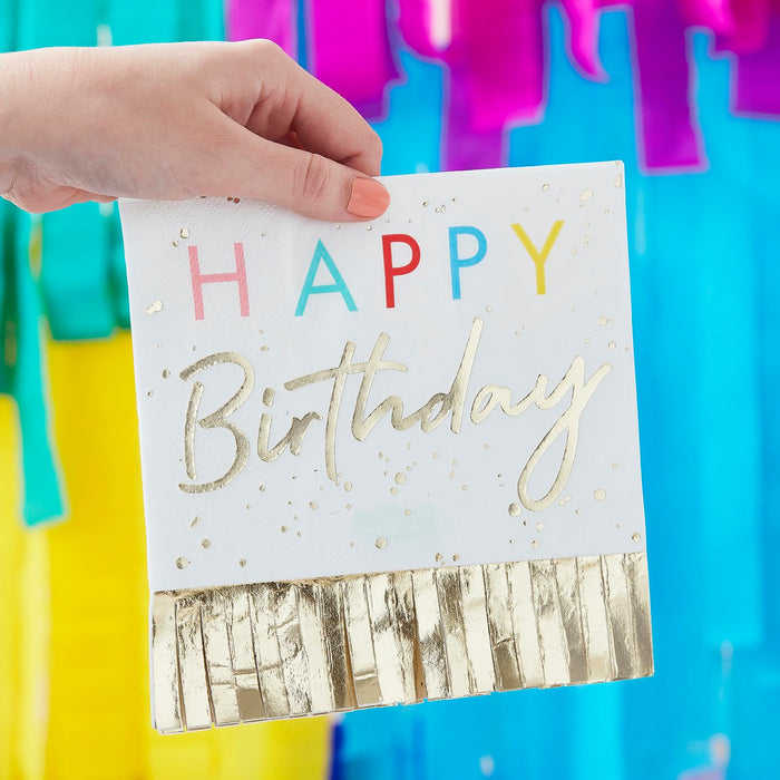 Birthday Napkins - Bright With Metallic Gold Fringe