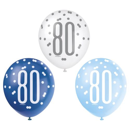 Age 80 Birthday Asst Balloons (6pk) - Blue