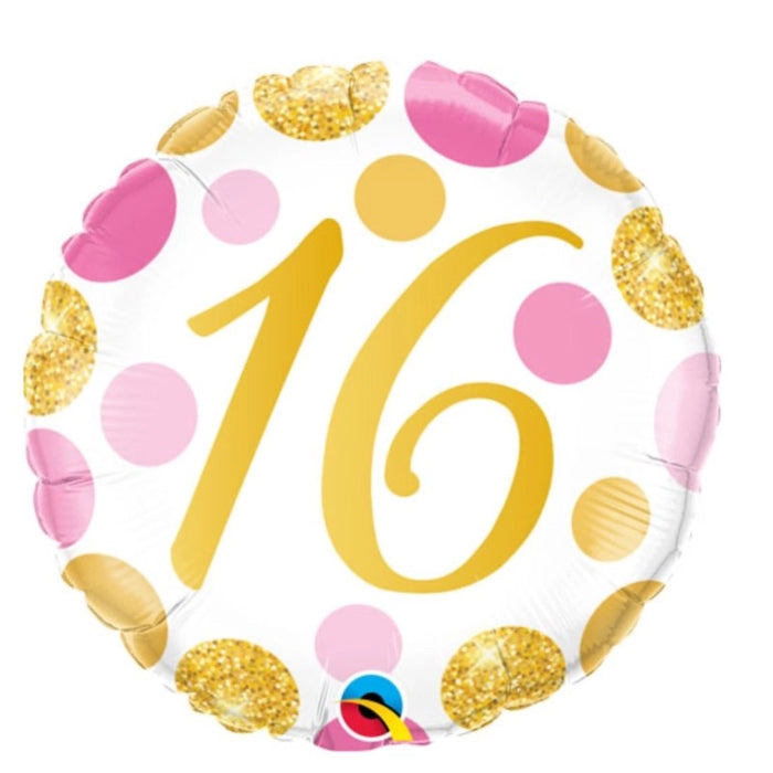 18" Foil Age 16 Balloon - Pink/Gold Dots