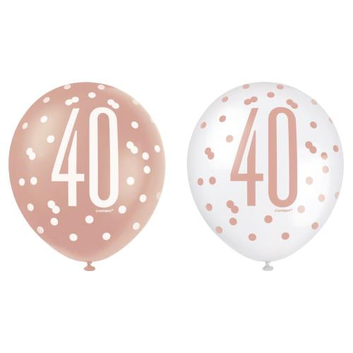 Age 40 Asst Birthday Balloons (6pk) - Rose Gold