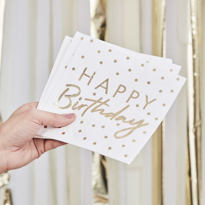 Birthday Napkins - White & Metallic Gold - The Ultimate Balloon & Party Shop